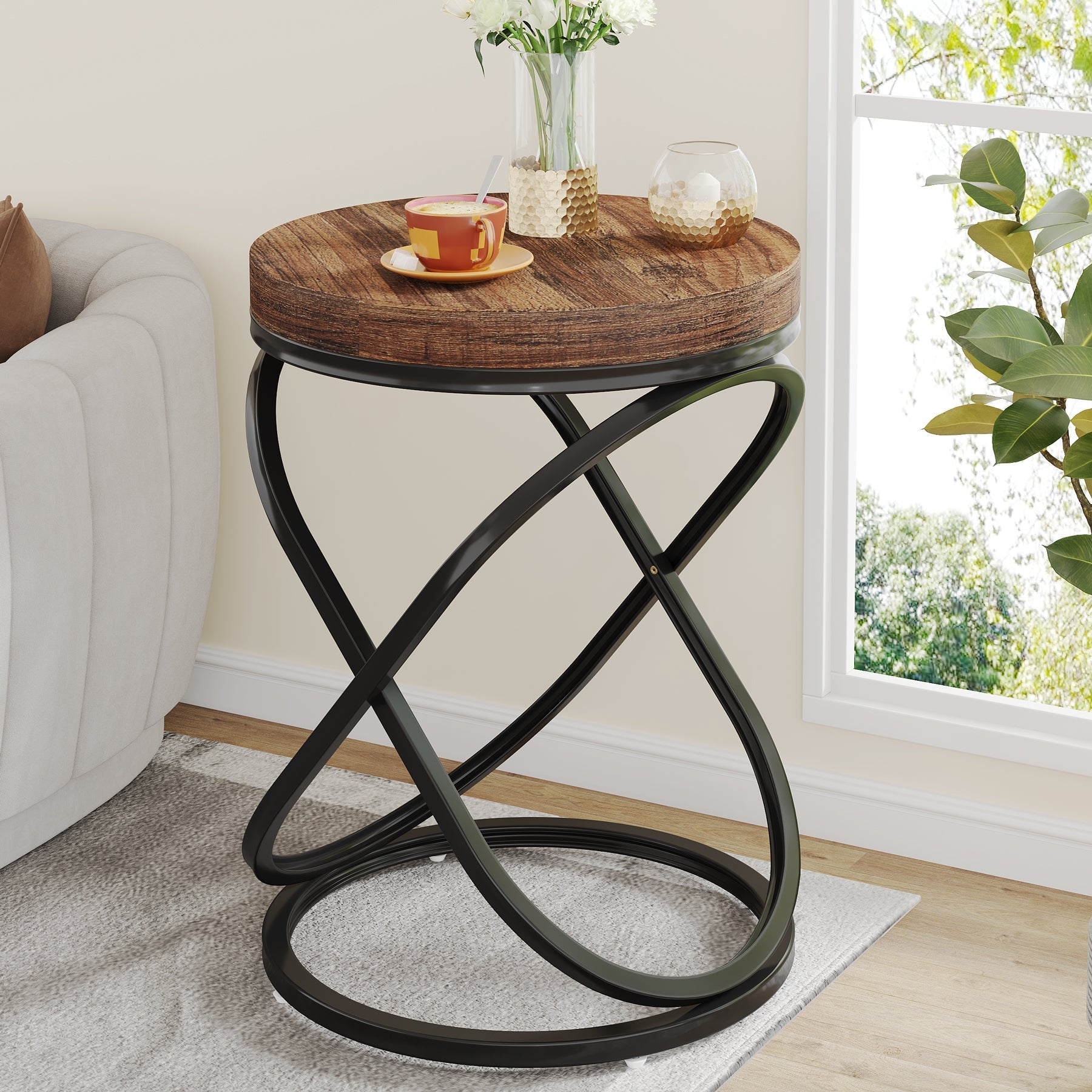 Round End Table, 26" Tall Sofa Side Table with Faux Marble Top Tribesigns